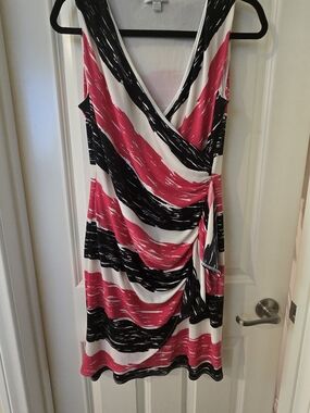 New York & Company Pink, Black & White Striped Wrap Midi Dress